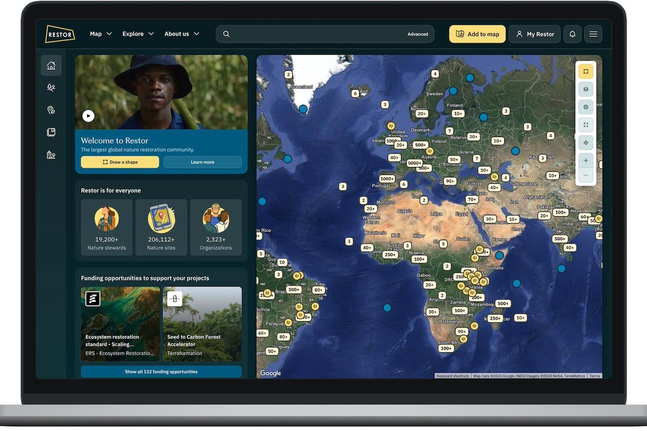 Restor's homepage, featuring a map of restoration sites.